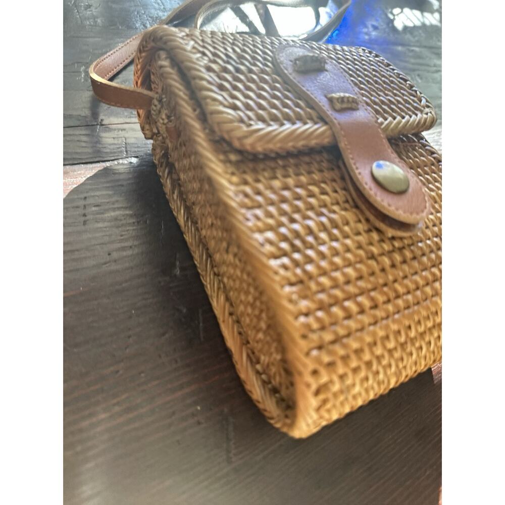 Rattan Crossbody Handbag S Brown Snap Flap Rectangle Lined Faux Leather Strap - Picture 5 of 16